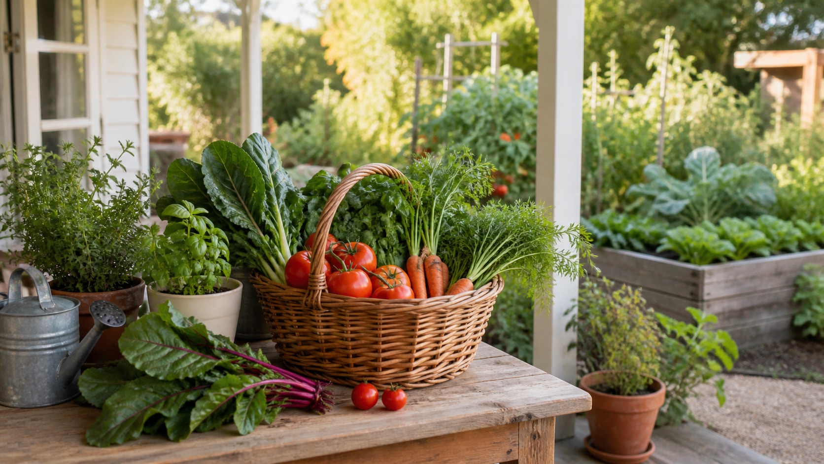 Freshly harvested vegetables on a sunlit Australian verandah beside a productive home garden