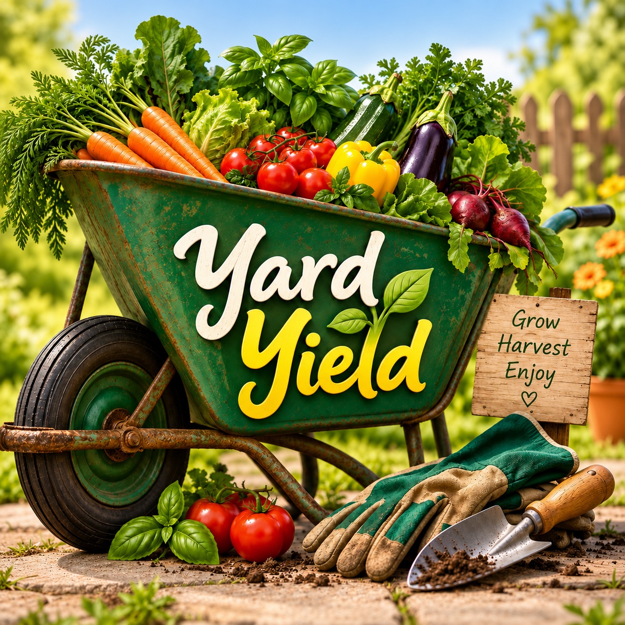 A green Yard Yield wheelbarrow overflowing with carrots, tomatoes, capsicum, eggplant and fresh herbs